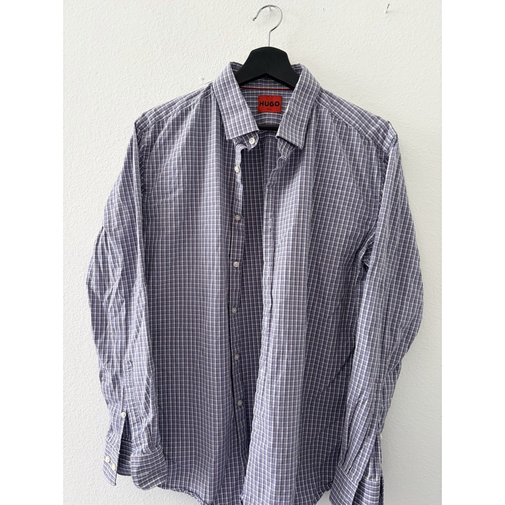 HUGO Boss Mens Dress Shirt 44 17.5 Blue Plaid Check Slim Fit Long Sleeve